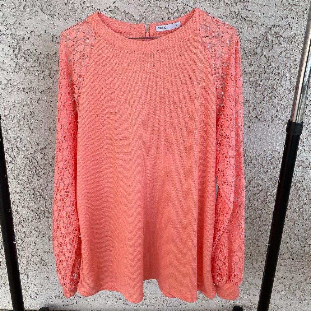 Miholl Women's XXL Blouse Pink Lace Sleeve Zip Round Neck Casual
